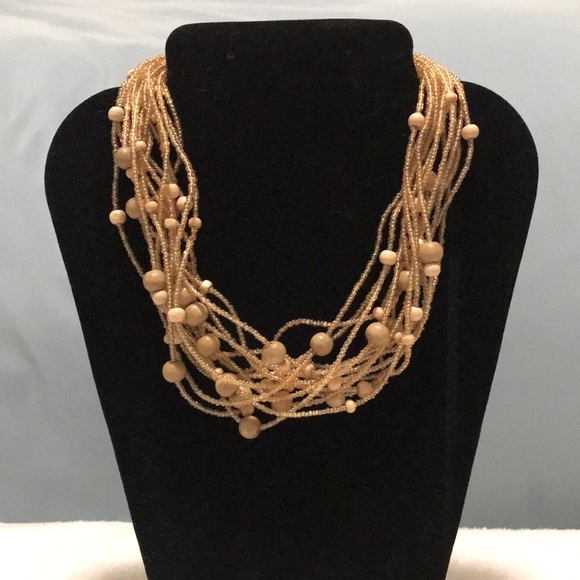 Jewelry - Like-New! Multi-Strand Gold Seed and Wood Bead Statement Necklace